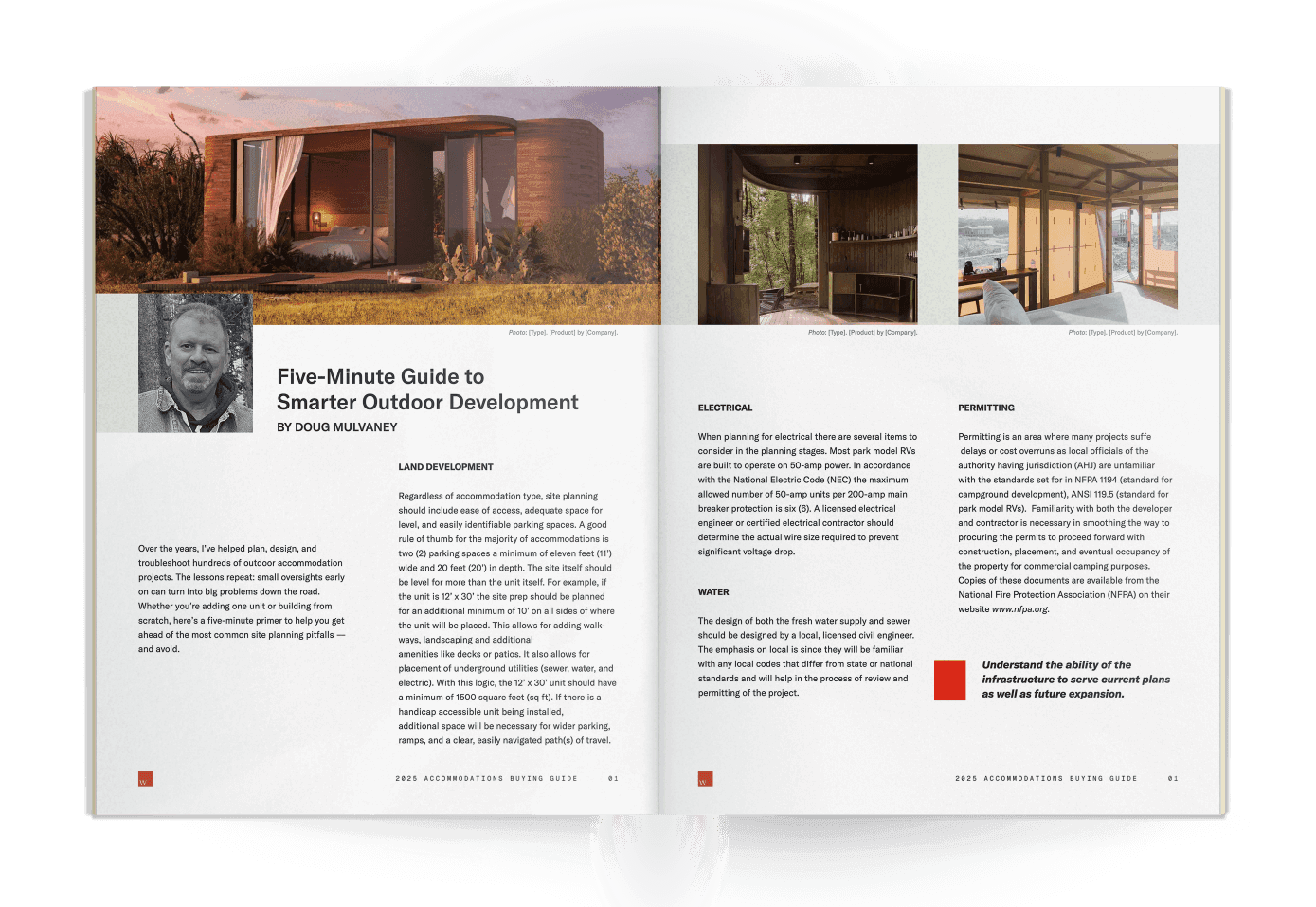 Sample pages from the 2025 Unique Accommodations Buying Guide showing accommodation types and expert insights